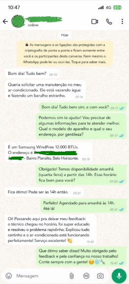 print de whatsapp cliente da ar puro BH